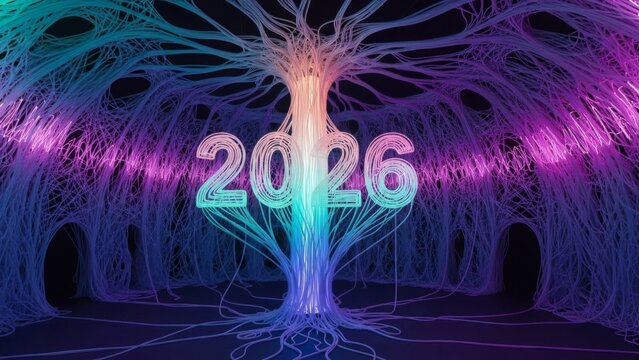 Vibrant 2026 Futuristic Glowing Number Display, Celebrate Next Year's Technology and Innovation in Business, Science, or Personal Goals