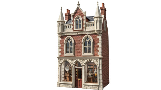 Isolated three-story dollhouse or model building with storefront and gothic detailing on red brick
