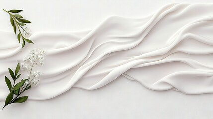 Close-up of white silk fabric with green leaves and delicate white flowers, creating an elegant and minimalist composition.