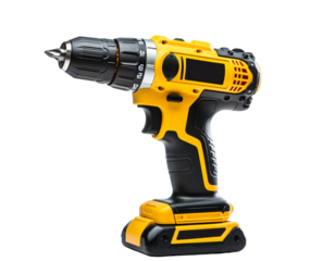 Yellow and black cordless power drill with battery pack isolated on transparent background