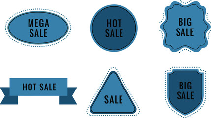 Set of blue sale badges and discount labels with geometric shapes, promotion stickers for marketing offers, retail announcement vector design.