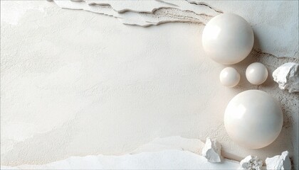 A minimalist composition featuring white spheres and rocks arranged on a textured, off-white surface. The scene evokes a sense of calm and simplicity.