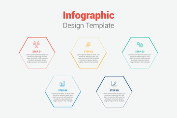 Hexagonal infographic design template with five steps and icons for presentation
