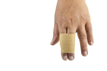 Close-up of a hand with a beige bandage wrapped around the index and middle fingers, shown on a white background, demonstrating