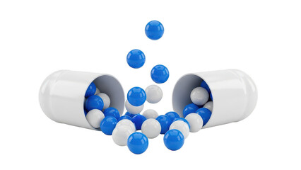 Blue and white capsules spilling from open containers isolated on transparent background