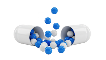 Blue and white capsules spilling from open containers isolated on transparent background