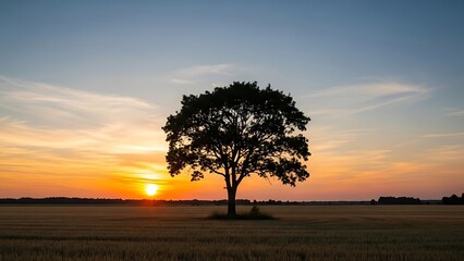 Solitary Tree Silhouette Against Vibrant Sunset Sky Over Golden Field.