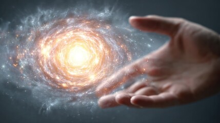 A human hand reaching towards a luminous swirling galaxy cosmic dust and stars surrounding it