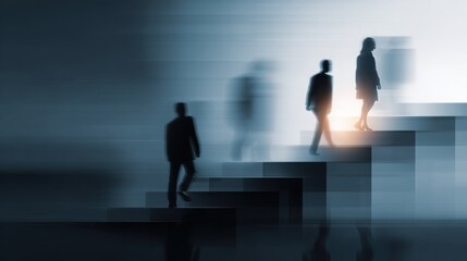 Silhouettes of business people ascending stairs in motion blur symbolizing progress and career advancement