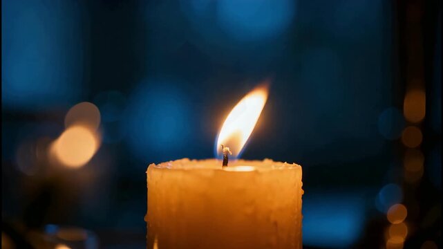 Close-up of a single candle flame flickering gently in the dark with bokeh background
