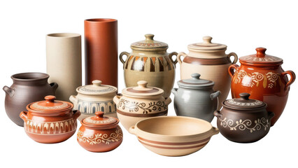 Collection of vintage ceramic pottery jars and bowls isolated on transparent background