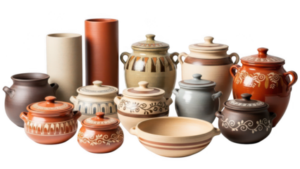 Collection of vintage ceramic pottery jars and bowls isolated on transparent background