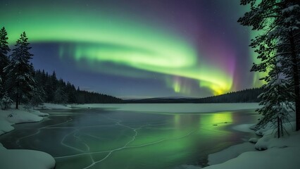 Aurora Borealis over Frozen Lake in Lapland Finland Winter Night.