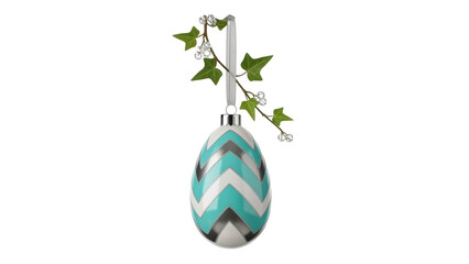 Isolated colorful chevron pattern Easter egg with ivy vine and ribbon ready for hanging
