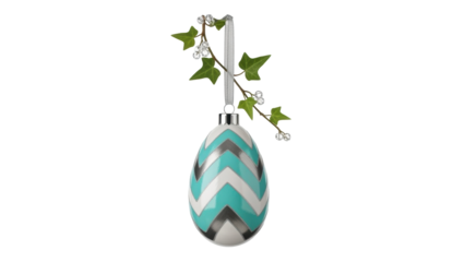 Isolated colorful chevron pattern Easter egg with ivy vine and ribbon ready for hanging