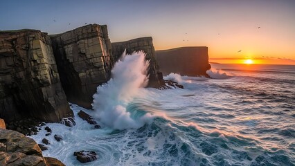 Dramatic Coastal Sunset: Crashing Waves Against Rugged Cliffs Birds Flying.