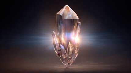 Translucent quartz crystal cluster with sharp facets reflecting light against a dark gradient background