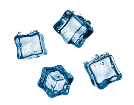 Four clear blue ice cubes with water droplets splashing and floating isolated on transparent background - Powered by Adobe