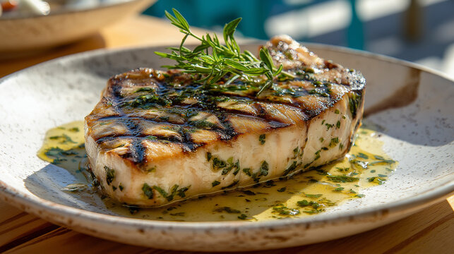 Grilled swordfish steak with char marks, lemon herb dressing, white rustic plate