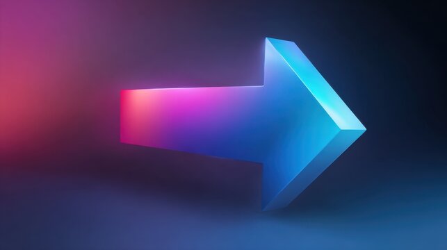 A dimensional geometric arrow shape glows with neon pink and blue light against a dark gradient background