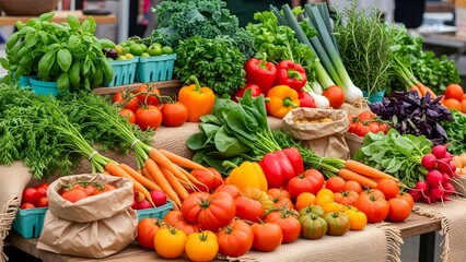 Fresh Organic Vegetables and Herbs at Farmers Market: Tomatoes, Carrots, Peppers, Basil, Leeks, Radishes, Kale, and Rosemary