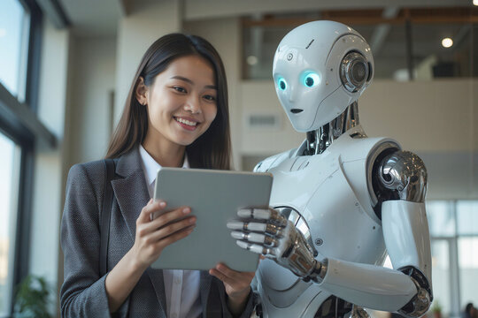 Woman and AI humanoid robot work together and collaborating while using tablet