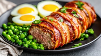 Delicious, savory meatloaf is beautifully wrapped in crispy bacon, accompanied by vibrant green peas and perfectly soft-boiled eggs, all presented on a dark plate for an enticing visual