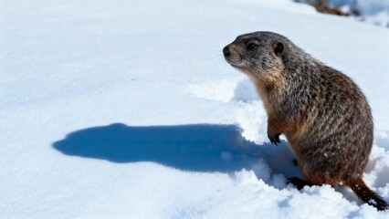 Obraz premium Punxsutawney Phil looking at his shadow on a Groundhog Day scene, snowy background