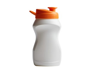 White plastic sports water bottle with orange fliptop lid isolated on transparent background