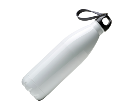 White stainless steel reusable water bottle with black cap and loop isolated on transparent background
