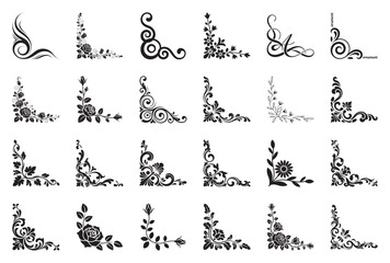 Collection of ornate floral corner decorations and design elements