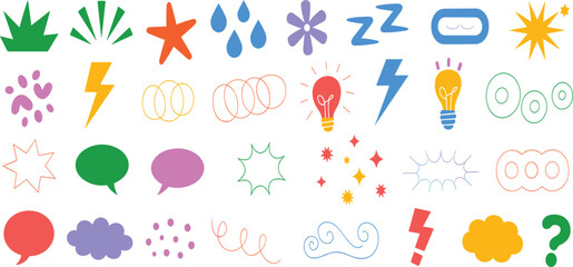 Colorful cartoon graphic elements collection, doodle shapes, abstract icons, playful symbols, creative design accents, decorative illustrations, vibrant vector elements
