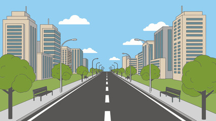 Fototapeta premium A cartoon illustration of a long, straight city road with tall buildings, trees, and streetlights under a blue sky.