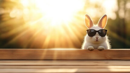 Cute rabbit enjoys the sunset wearing stylish sunglasses while resting on a wooden railing in a sunny garden setting