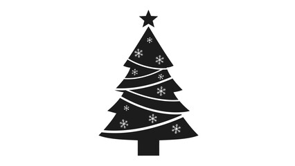 Fototapeta premium A stylized black Christmas tree silhouette adorned with white snowflakes and a star on top.