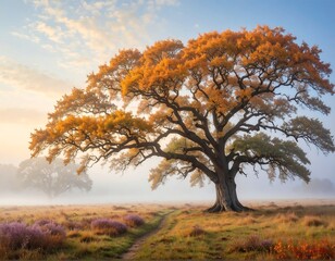 Majestic Oak Tree in Autumn Fog at Sunrise.