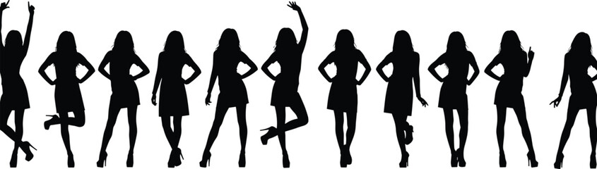 Women silhouette in dress, fashion pose, confident stance, high heels, stylish posture, black icon, minimal design, flat vector