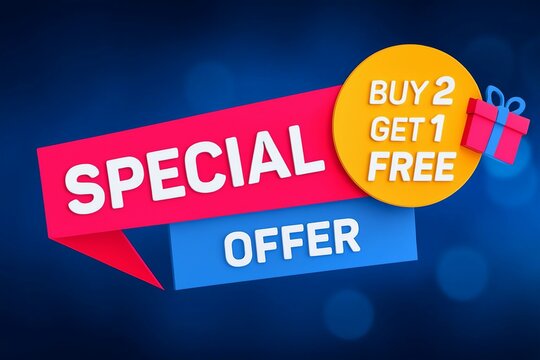 Special offer buy two get one free promotion with gift icon on a dark blue background