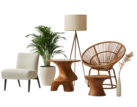 Collection of modern and bohemian furniture pieces with a potted plant isolated on transparent background