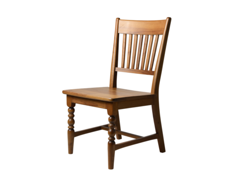 Traditional wooden dining chair with spindle back and turned legs isolated on transparent background