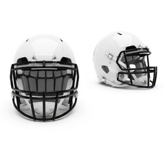 Fototapeta premium Two white football helmets with black facemasks on white background