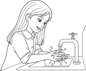 Girl washing hands illustration, hygiene education drawing, clean handwashing concept artwork, child learning proper sanitation technique