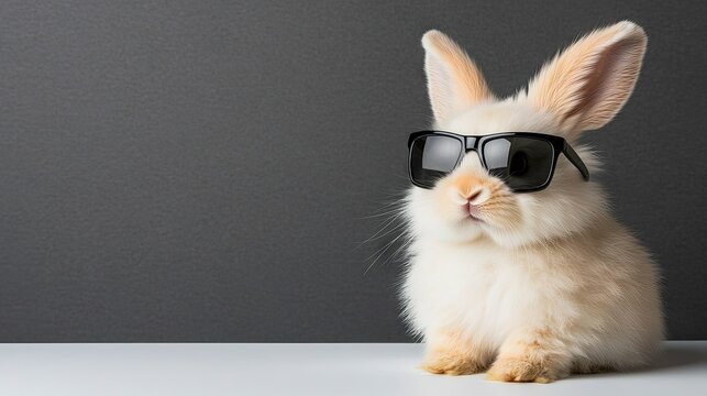 A charming rabbit sporting stylish sunglasses strikes a confident pose against a dark backdrop on a sleek, minimalist surface