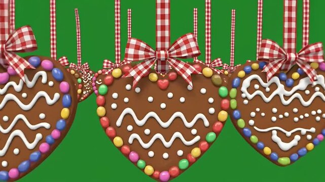 Hanging Heart Shaped Gingerbread Cookies With Checkered Ribbons.