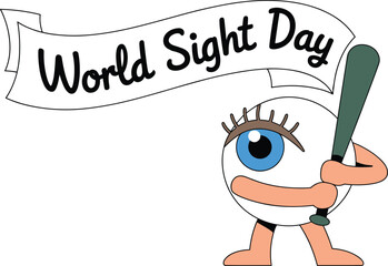Cute cartoon eyeball character holding a bat promoting World Sight Day, vision awareness illustration, healthcare education graphic for eye health campaigns