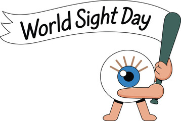 Cute cartoon eyeball character holding a bat promoting World Sight Day, vision awareness illustration, healthcare education graphic for eye health campaigns