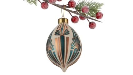 Isolated teardrop-shaped Christmas ornament hanging from berry branch for holiday decoration