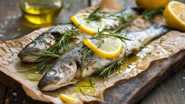 Mediterranean baked branzino with lemon and herbs, olive oil drizzle