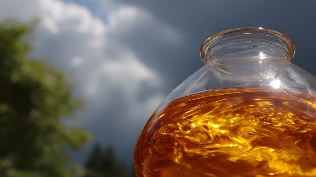 Golden liquid swirling in a glass jar against a dramatic stormy sky with sunlight