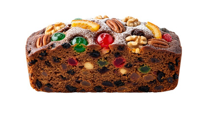 Festive fruitcake loaf with nuts and candied fruits isolated PNG.